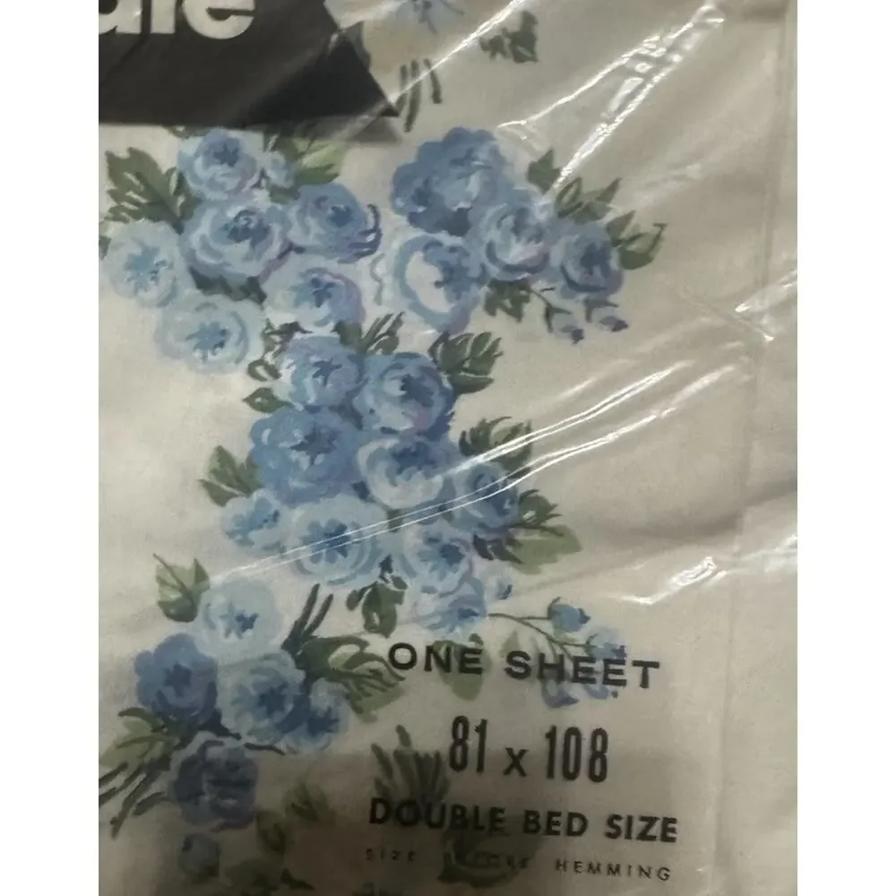 Vintage Combed Percale Blue Floral Sheet 81x108 Double Bed NOS USA